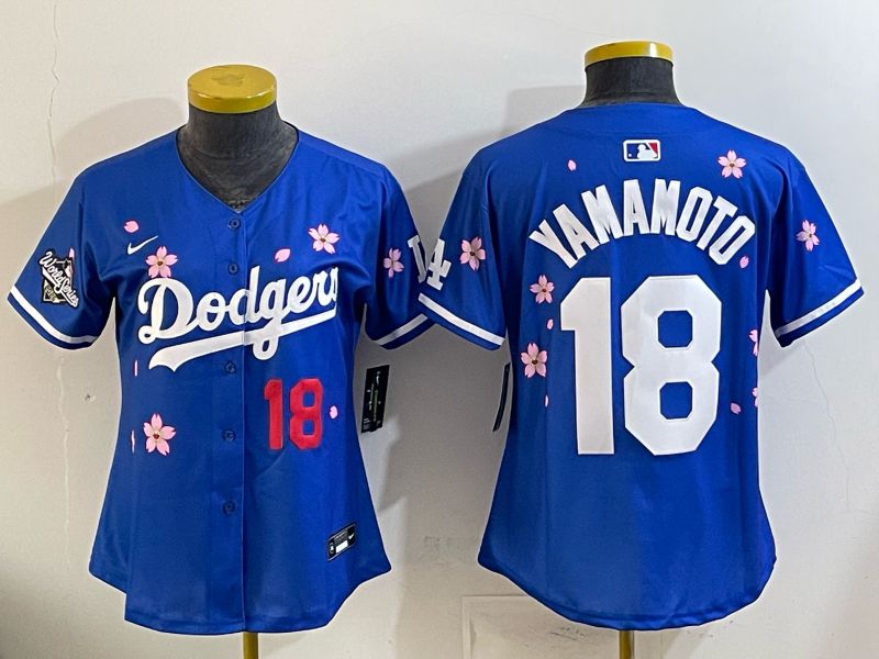 Women Nike 2026 Los Angeles Dodgers #18 Yamamoto Blue Sakura Edition Game MLB Jersey 010
